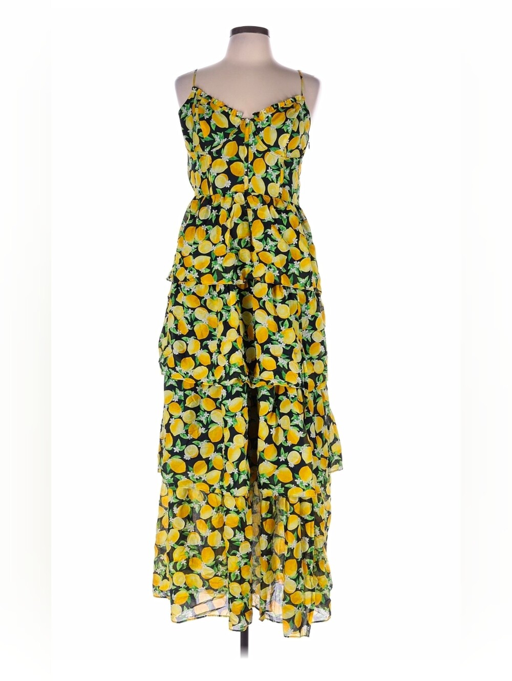 Betsey Johnson Black & Yellow Lemon-Print Tiered Maxi Dress Size 12 NWT